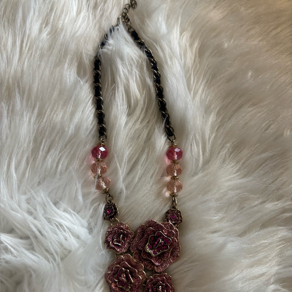 Betsey Johnson Pink Floral Statement Necklace with Beaded Accents